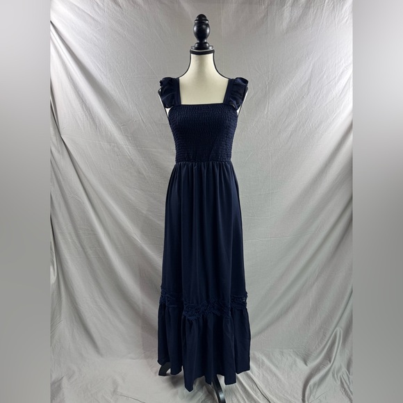 Shirred Guipure Lace Insert Ruffle Hem Dress Blue - Picture 6 of 9